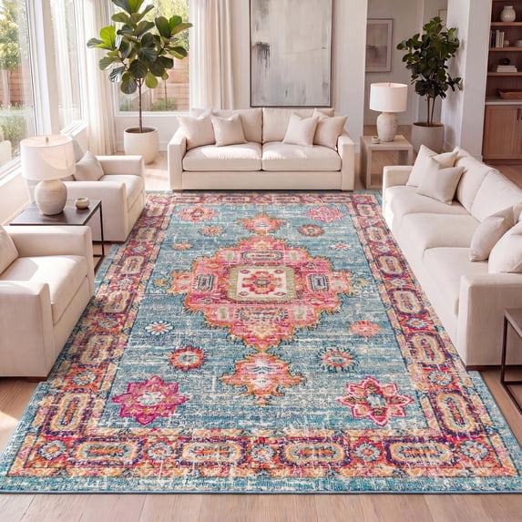 JONATHAN Y BOHEMIAN FLAIR 8 x 10 Area Rug, Vintage Medallion - Blue/Red, BMF100A-8