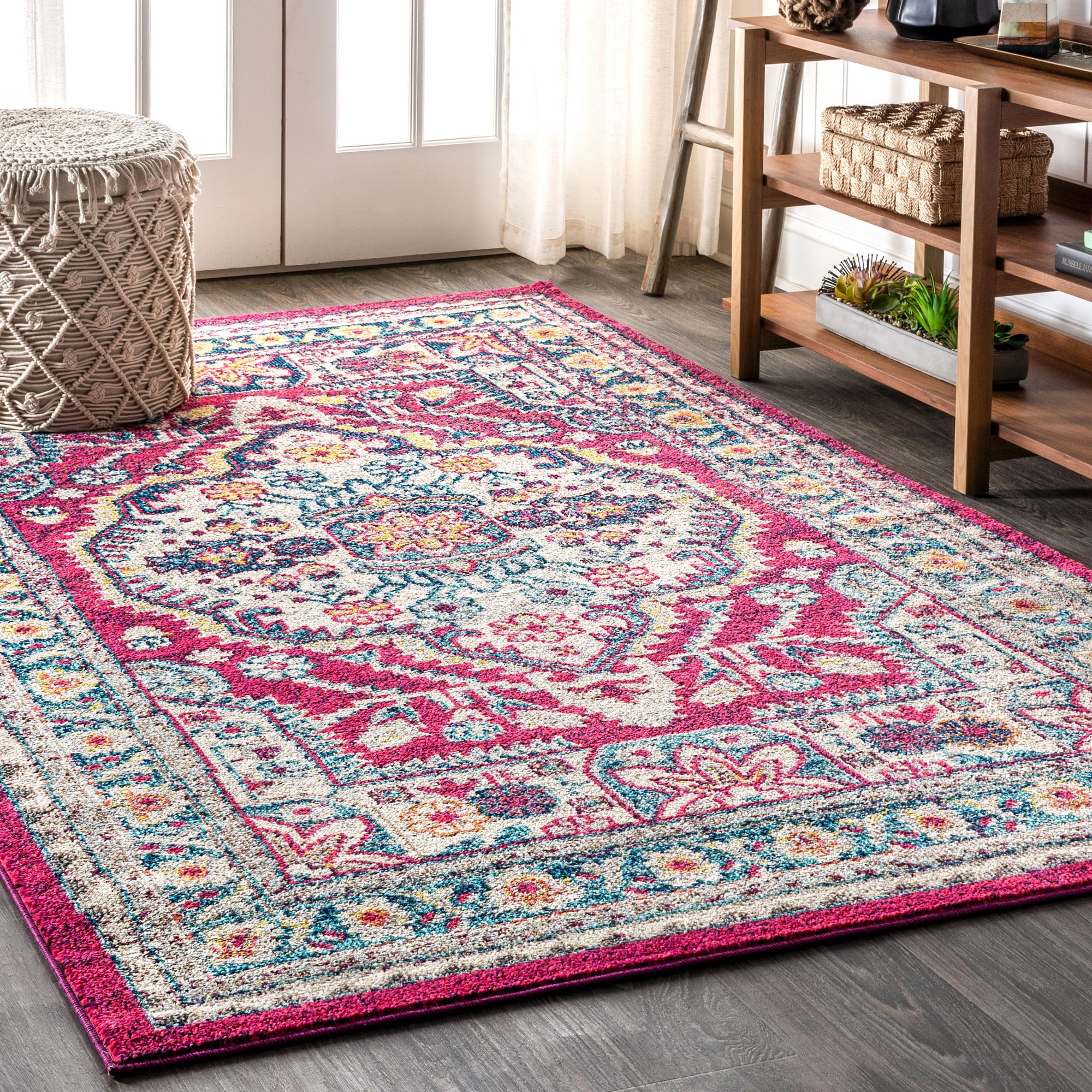 Boho Vintage Blue Medallion 4' x 6' Easy-Care Synthetic Area Rug