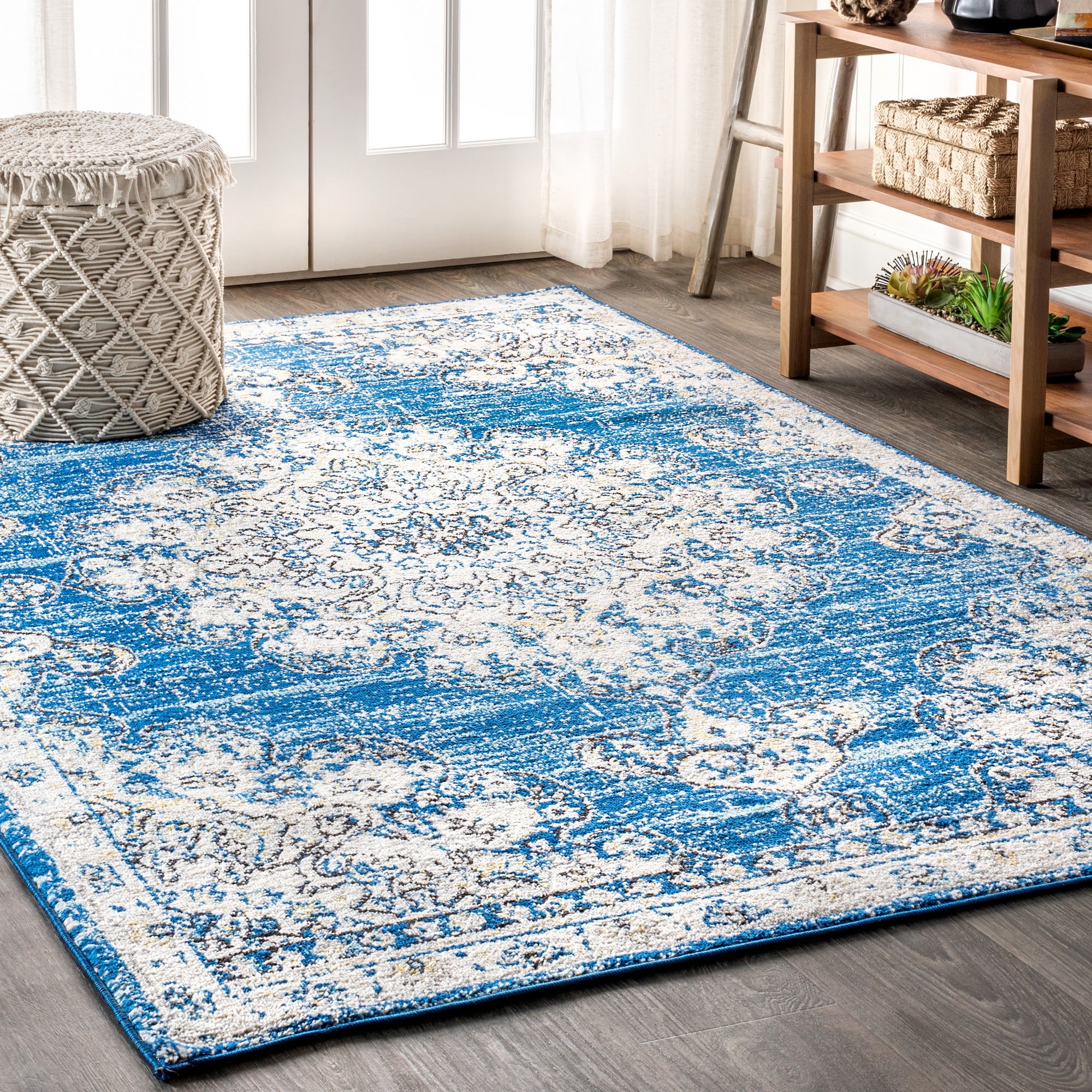 Blue and Cream Medallion Synthetic 4' x 6' Reversible Area Rug