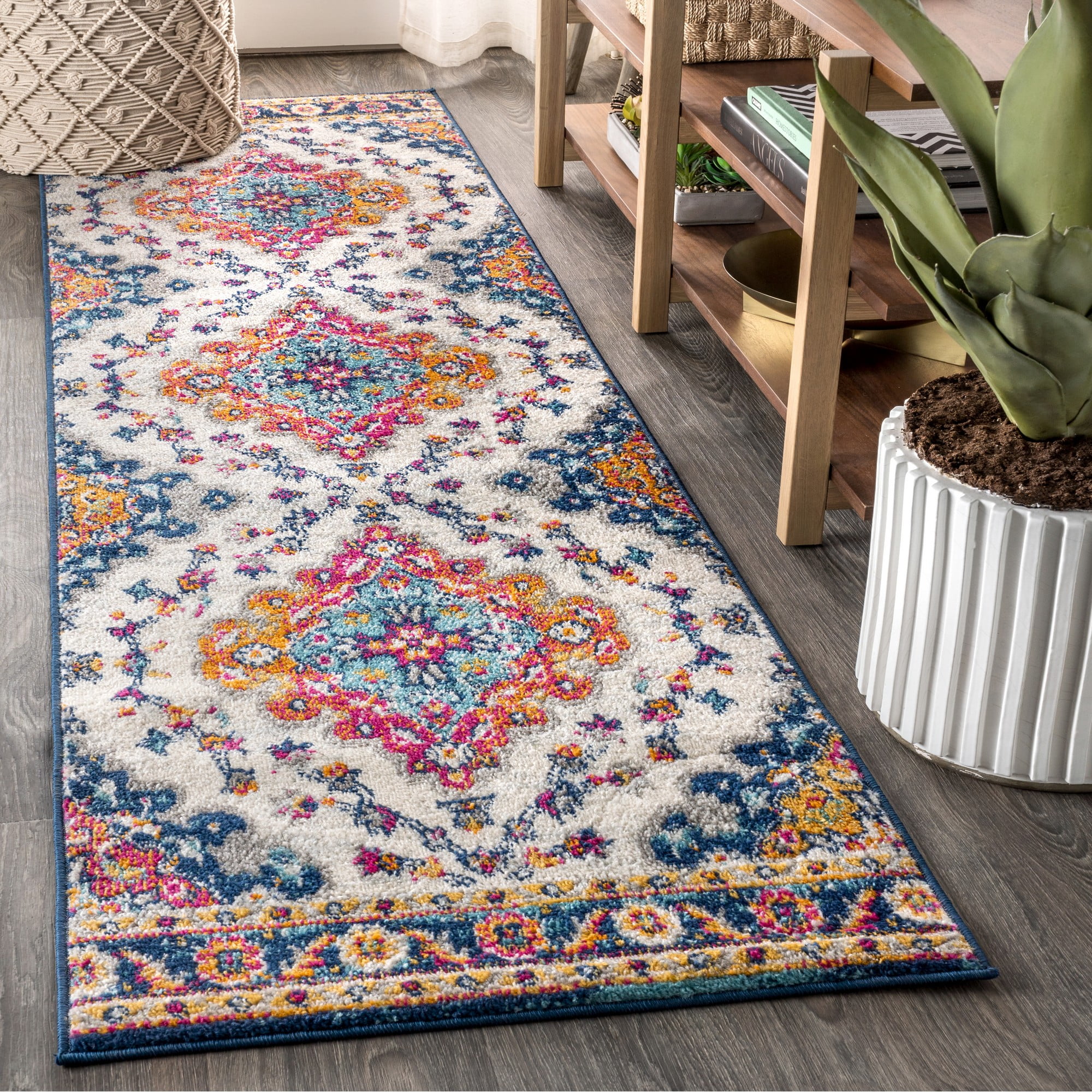 Bohemian Flair Blue and Multicolor Synthetic Medallion Runner Rug