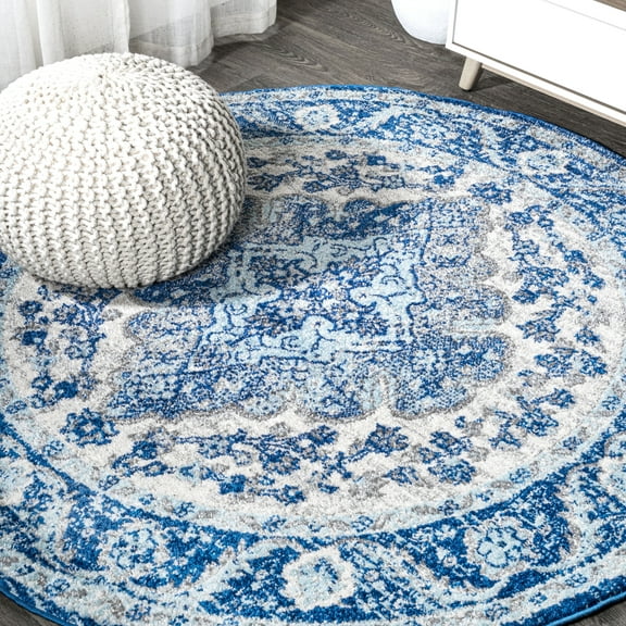 JONATHAN Y BOHEMIAN FLAIR 5' Round Area Rug, Vintage Medallion - Cream/Blue, BMF106B-5R