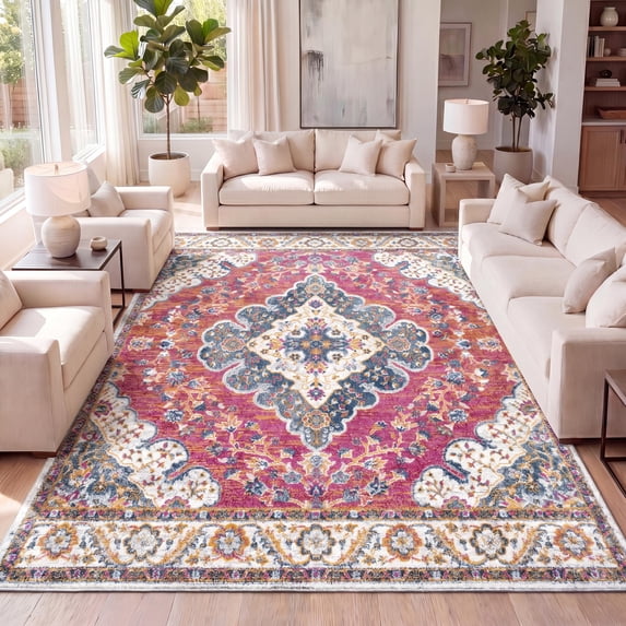 JONATHAN Y BOHEMIAN FLAIR 4 x 6 Area Rug, Vintage Medallion - Fuchsia/White, BMF106C-4