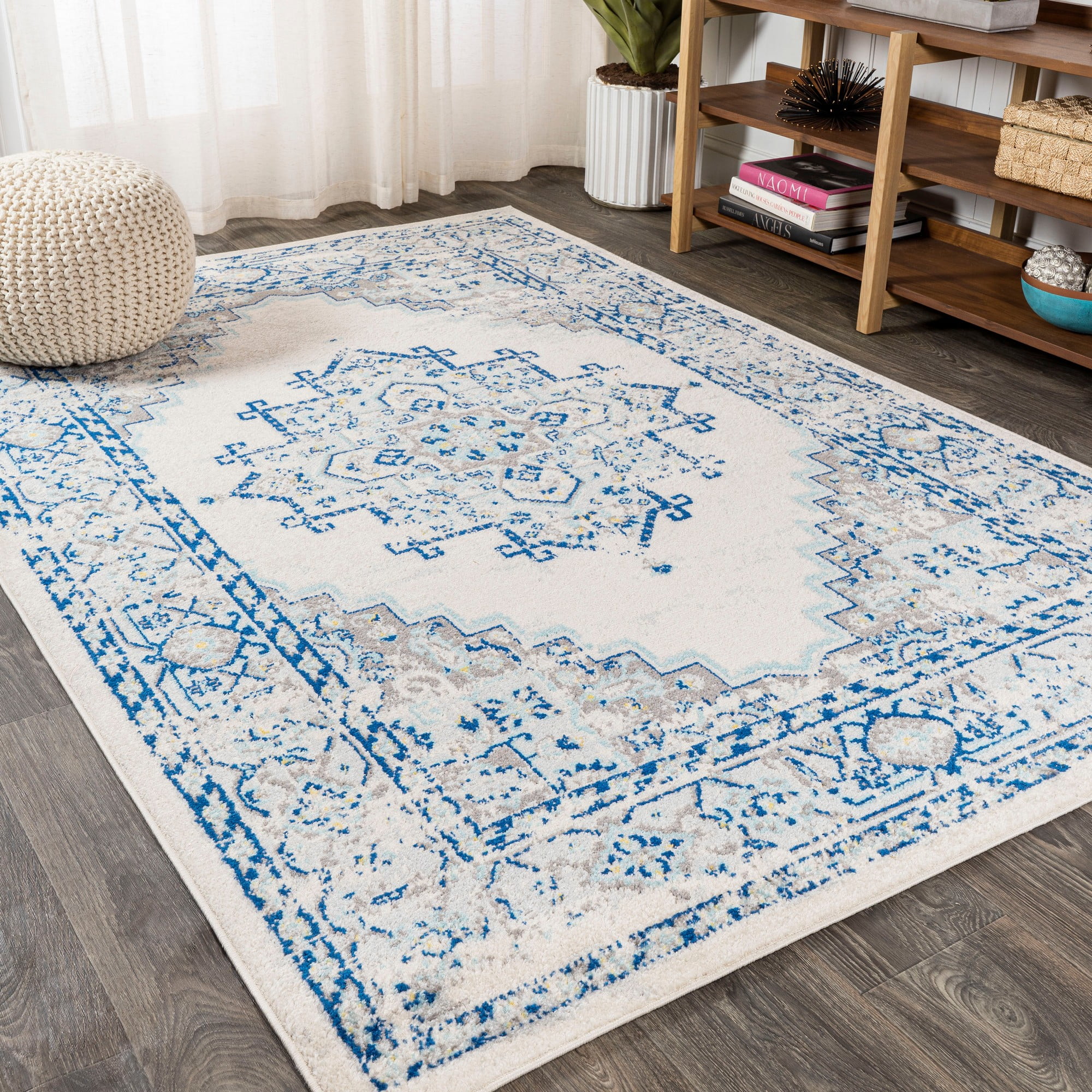 Reversible 8' x 10' Blue/Gray Medallion Synthetic Area Rug