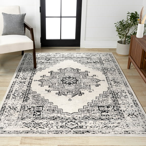 JONATHAN Y BOHEMIAN FLAIR 5 x 8 Area Rug, Inigo Cottage Medallion - Dark Gray/Cream, BMF107B-5