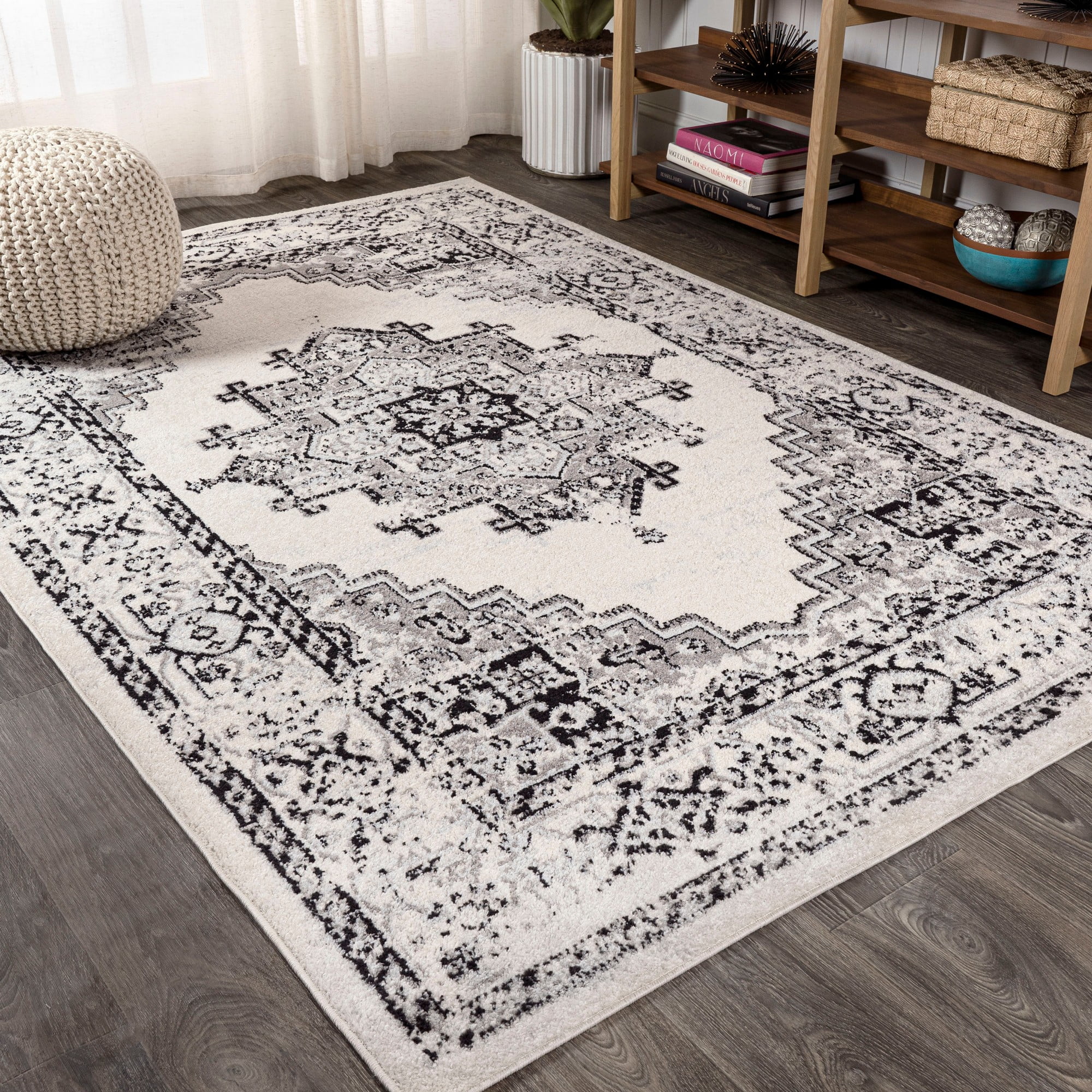 5'3" x 7'6" Dark Gray and Cream Synthetic Medallion Area Rug