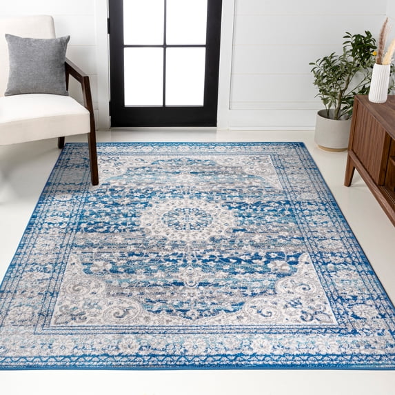 JONATHAN Y BOHEMIAN FLAIR 3 x 5 Area Rug, Scala Ornate Bohemian Medallion - Blue/Dark Gray, BMF109A-3