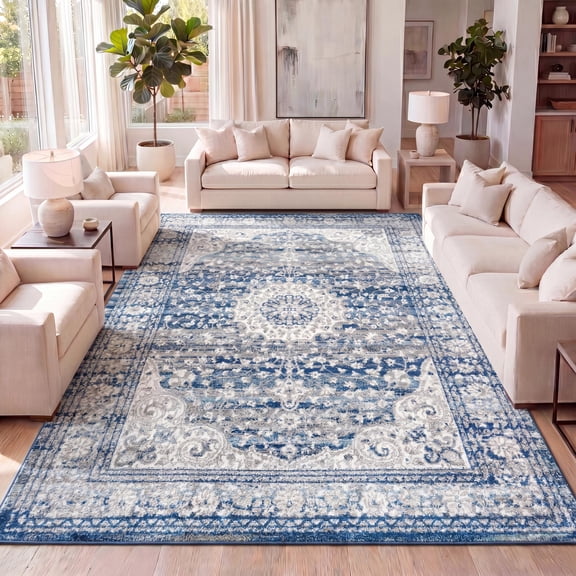 JONATHAN Y BOHEMIAN FLAIR 5 x 8 Area Rug, Scala Ornate Bohemian Medallion - Blue/Dark Gray, BMF109A-5