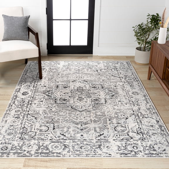 JONATHAN Y BOHEMIAN FLAIR 4 x 6 Area Rug, Denia Ornate Geometric Medallion - Dark Gray, BMF110A-4