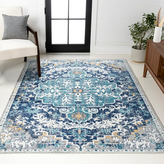 JONATHAN Y BOHEMIAN FLAIR 3 x 5 Area Rug, Anaise Ornate Medallion - Dark Blue/Gray, BMF112C-3