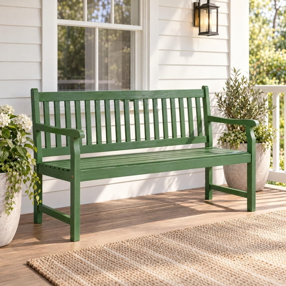 JONATHAN Y BNH101G Laurel 59.1" 3-Seat Slat-Back 600-Lbs Support Acacia Wood Outdoor Garden Patio Bench, Green