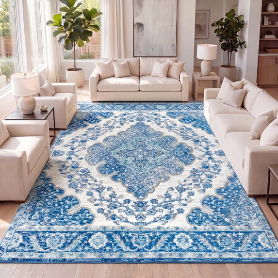 JONATHAN Y BOHEMIAN FLAIR 3 x 5 Area Rug, Vintage Medallion - Cream/Blue, BMF106B-3