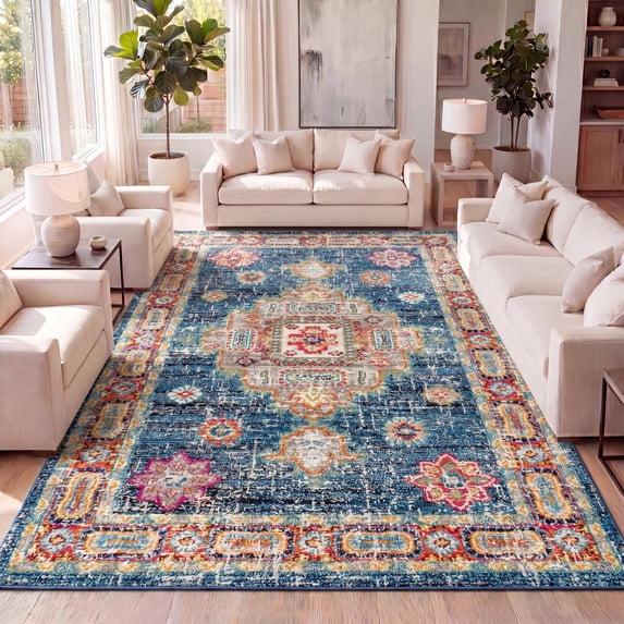 JONATHAN Y BOHEMIAN FLAIR 5 x 8 Area Rug, Medallion - Navy/Red, BMF100B-5