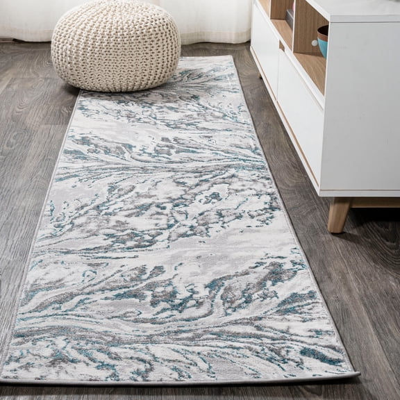 JONATHAN Y SILK ORCHID 2 x 8 Runner Rug, Swirl Marbled Abstract - Gray/Turquoise, SOR203A-28