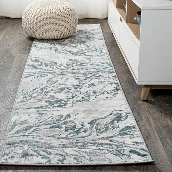 JONATHAN Y SILK ORCHID 2 x 8 Runner Rug, Swirl Marbled Abstract - Gray/Turquoise, SOR203A-28