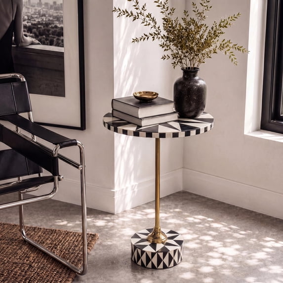 JONATHAN Y Black, White and Gold Metal and Resin End Table, 23.5" Art Deco Glam Round Star Patterned Accent Table for Living Room or Bedroom END1003C