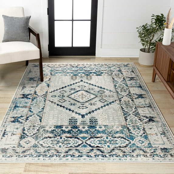 JONATHAN Y CALIFORNIA VINTAGE 5 x 8 Area Rug, Osuna Diamond Vintage Medallion - Indigo Blue/Ivory, CAV103A-5