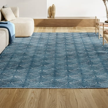 JONATHAN Y CAR100A-5 Porter Geometric Art Deco Fan Pattern High-Low Navy/Cream 5 ft. x 8 ft. Area Rug