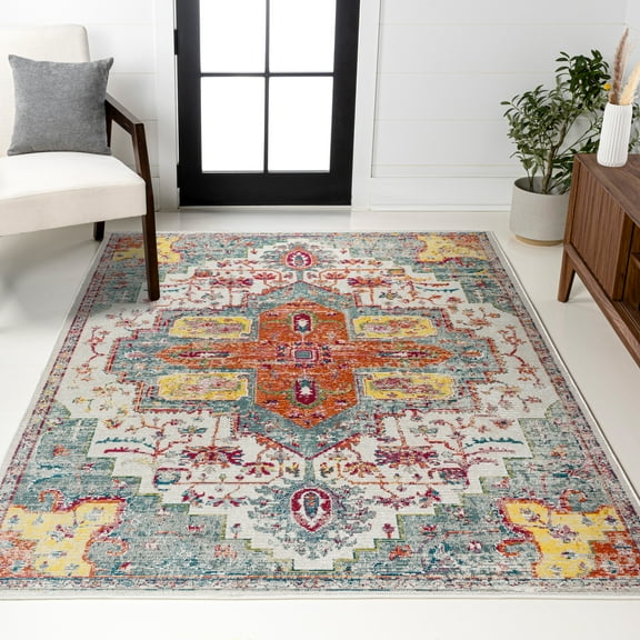 JONATHAN Y CALIFORNIA VINTAGE 5 x 8 Area Rug, Zafra Vintage Medallion - Coral/Blue/Multi, CAV100A-5