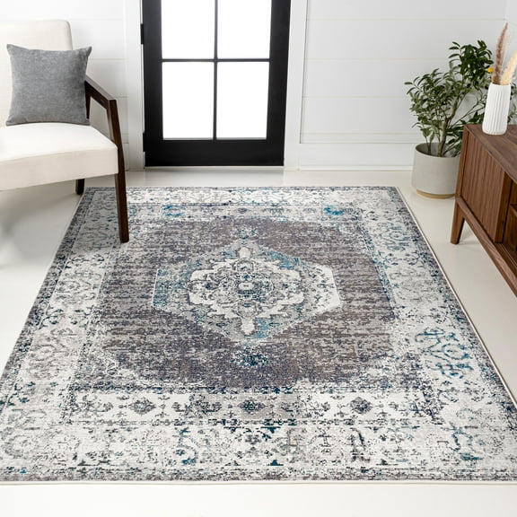 JONATHAN Y CALIFORNIA VINTAGE 4 x 6 Area Rug, Ankara Vintage Medallion - Gray/Ivory, CAV105A-4