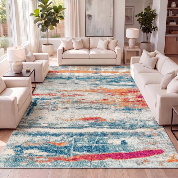 JONATHAN Y CTP102C-3 Contemporary POP Modern Abstract Brushstroke Cream/Blue 3 ft. x 5 ft. Area Rug