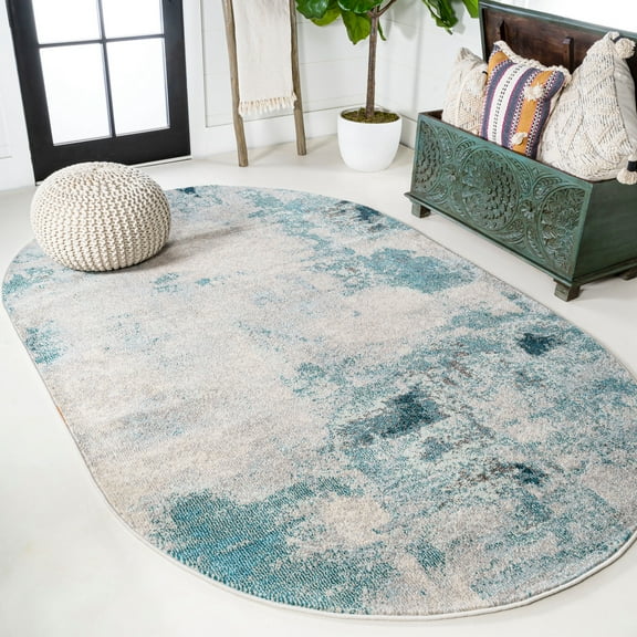 JONATHAN Y CONTEMPORARY POP 3 x 5 Oval Area Rug, Modern Abstract Vintage - Cream/Blue, CTP104A-3OV