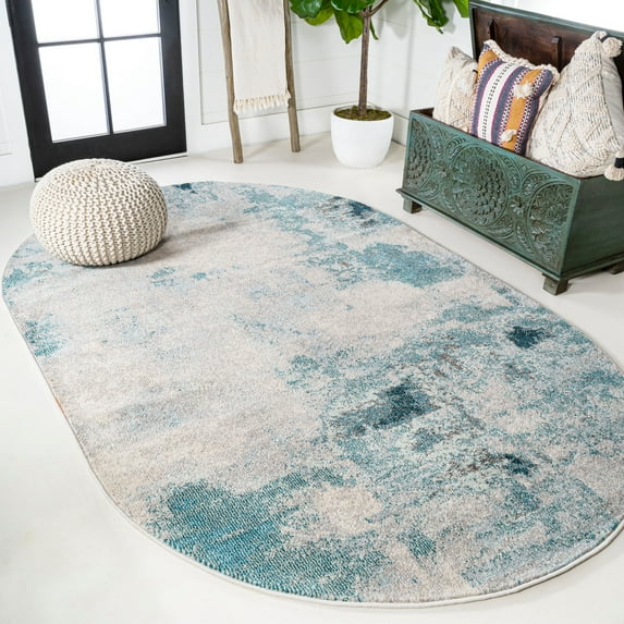 JONATHAN Y CONTEMPORARY POP 5 x 8 Oval Area Rug, Modern Abstract Vintage - Cream/Blue, CTP104A-5OV