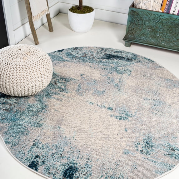 JONATHAN Y CONTEMPORARY POP 5' Round Area Rug, Modern Abstract Vintage - Cream/Blue, CTP104A-5R