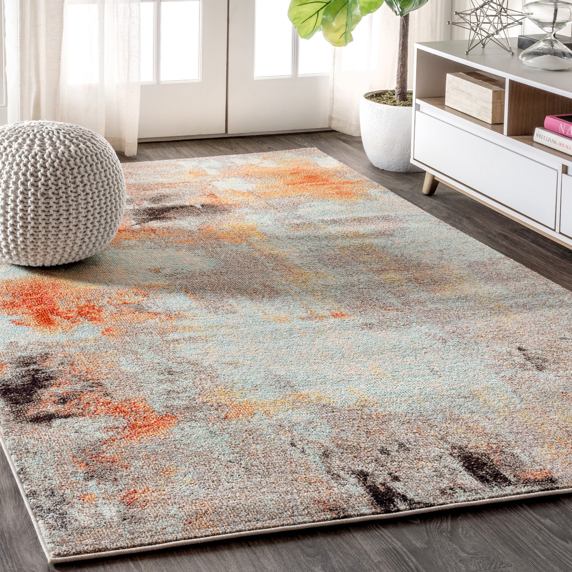 4' x 6' Blue and Orange Abstract Synthetic Area Rug
