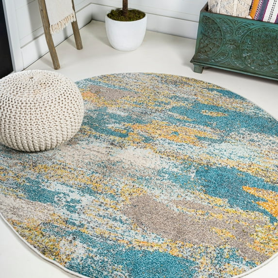 JONATHAN Y CONTEMPORARY POP 5' Round Area Rug, Modern Abstract Vintage Waterfall - Blue/Brown/Orange, CTP106A-5R