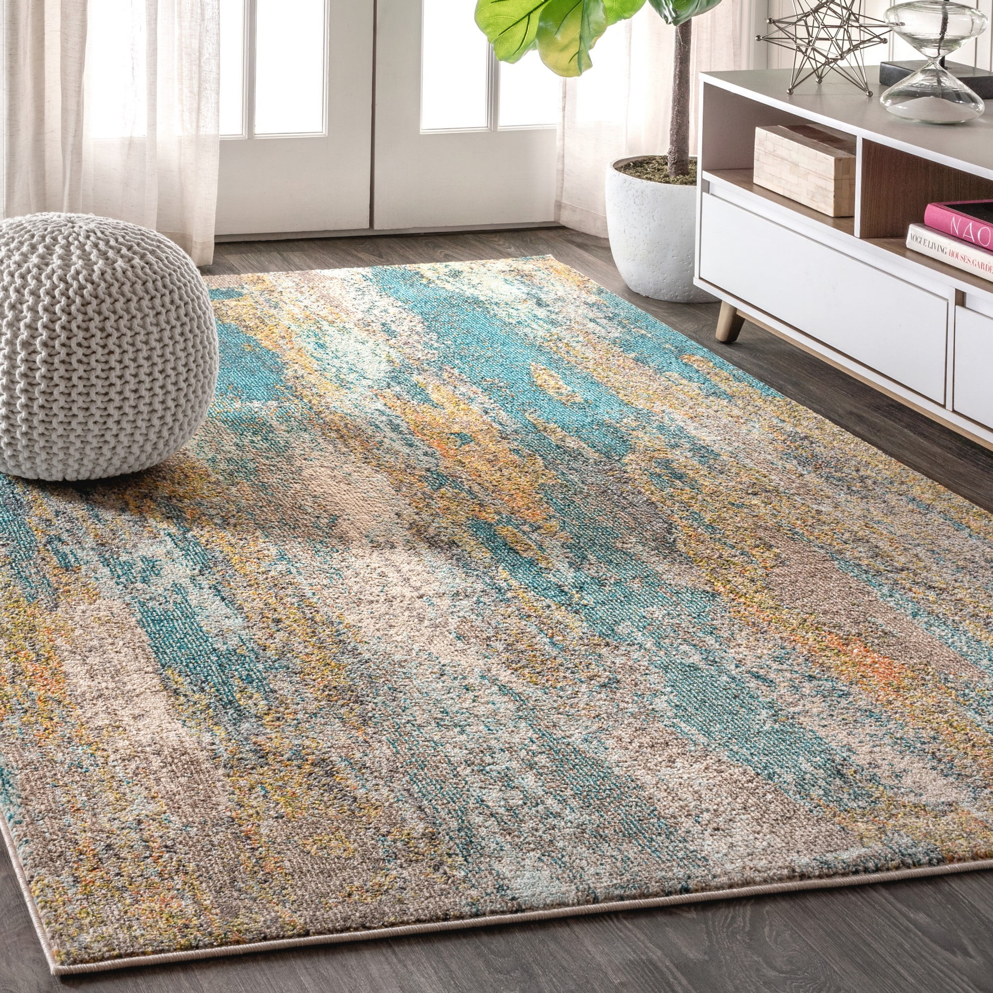 8' x 10' Blue Brown Orange Abstract Synthetic Area Rug