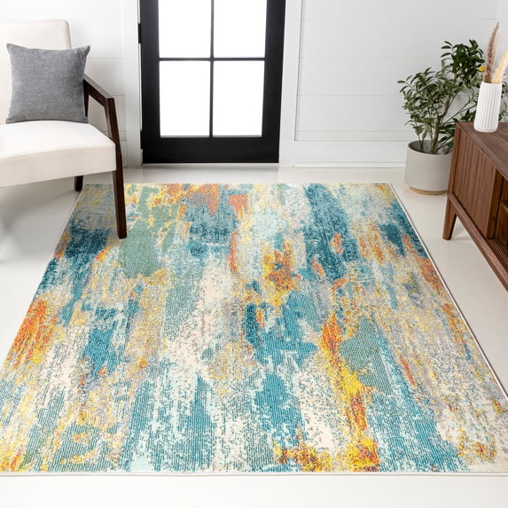 JONATHAN Y CONTEMPORARY POP 3 x 5 Area Rug, Modern Abstract Vintage Waterfall - Blue/Cream/Yellow, CTP106B-3