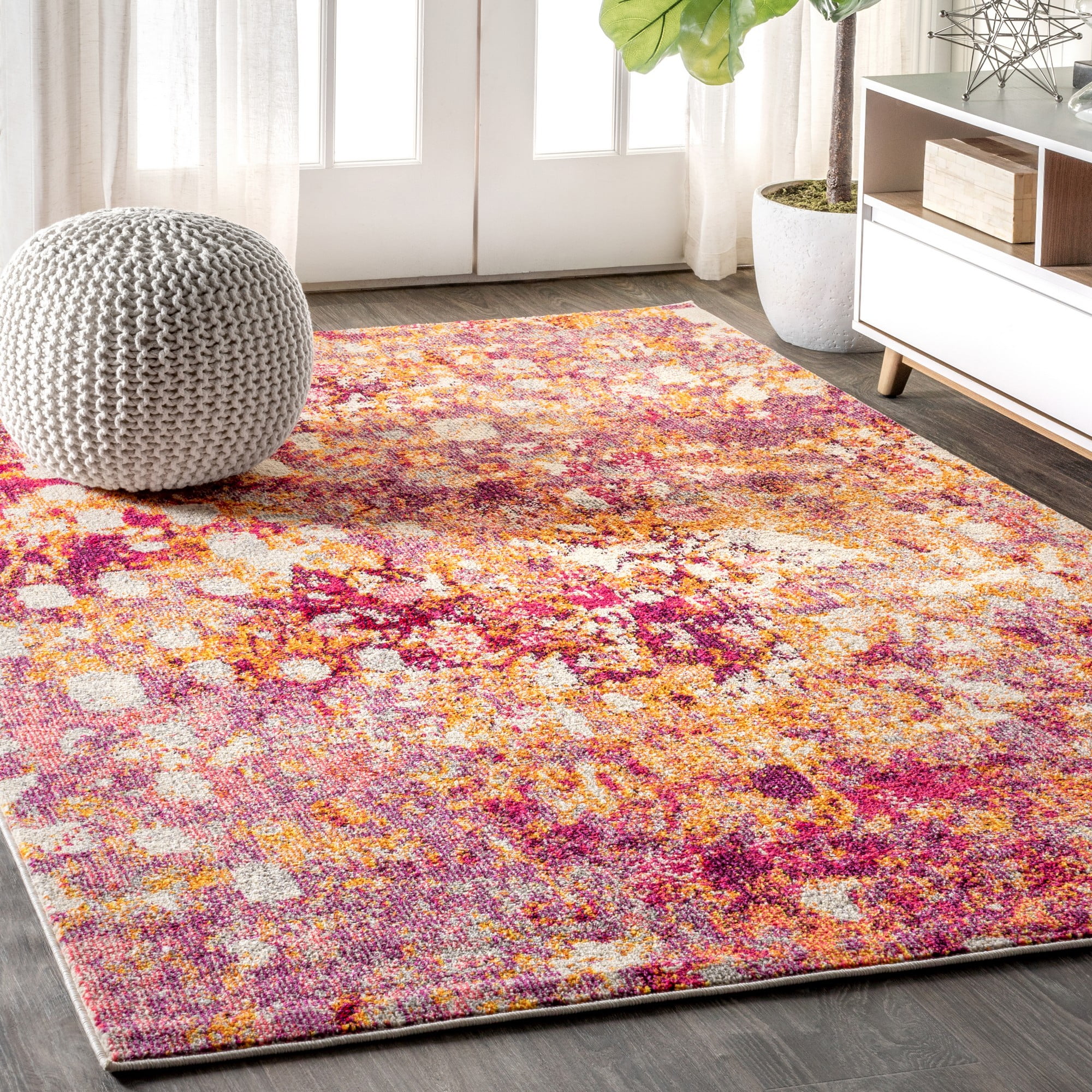 Pink and Orange Abstract Synthetic Area Rug, 4 x 6 ft