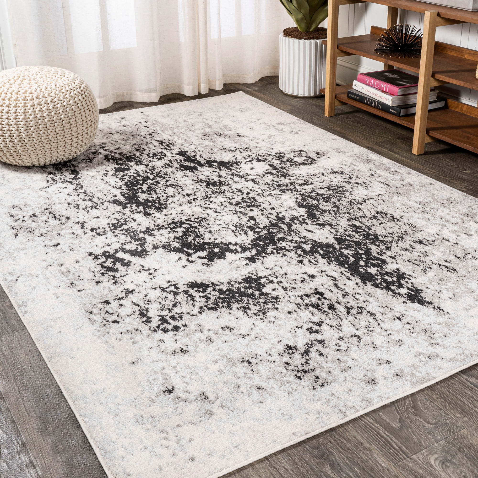 Ivory and Charcoal Abstract Synthetic Area Rug