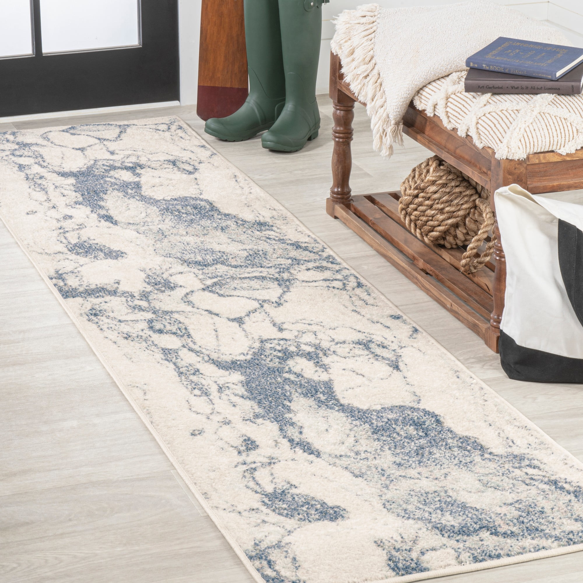 Blue and Cream Synthetic Abstract Runner Rug, 2' x 8'
