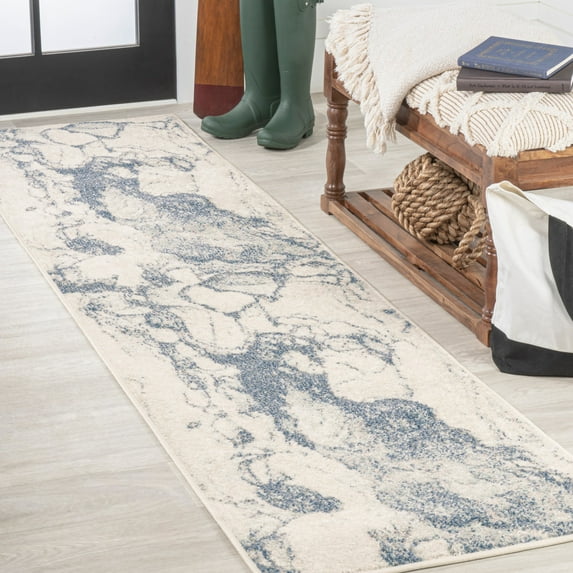 JONATHAN Y CONTEMPORARY POP 2 x 8 Runner Rug, Marmo Abstract Marbled - Blue/Cream, CTP201B-28