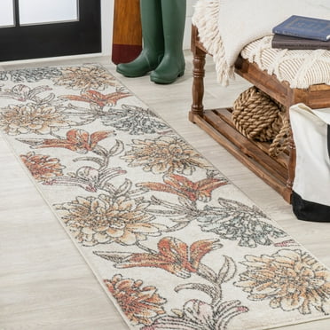 JONATHAN Y CTP202B-28 Giglio Modern Botanical Flower Orange/Blue/Cream 2 ft. x 8 ft. Runner Rug, Floral Contemporary, Pet Friendly, Stain Resistant, Easy to Clean, for Living Room; Kitchen, Bedroom