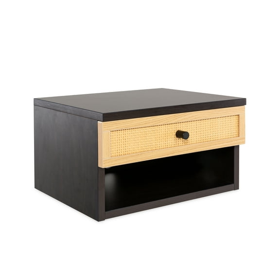 JONATHAN Y Celerie 15.71" Mid-Century Modern Floating Wall Mounted Nightstand with Soft-Close Rattan Drawer and Cable Hole, Black/Light Oak