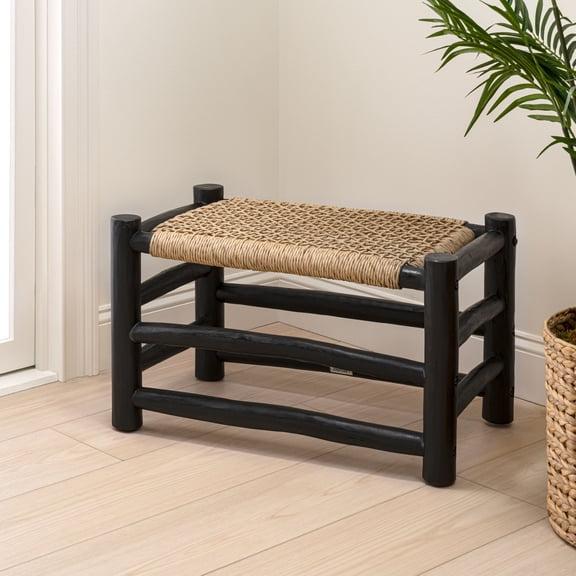 JONATHAN Y Chuck 27.5" Coastal Bohemian Handcrafted Indoor/Outdoor Teak Wood Accent Stool with Woven Seat, Light Brown/Black Wood, STL3001B