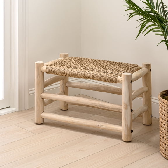 JONATHAN Y Chuck 27.5" Coastal Bohemian Handcrafted Indoor/Outdoor Teak Wood Accent Stool with Woven Seat, Light Brown/Natural Bleach Wood, STL3001A