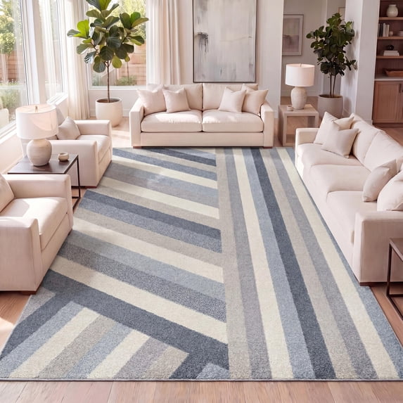 JONATHAN Y DAZZLE 8 x 10 Area Rug, Retro Rainbow Stripe - Blue/Cream/Gray, DZC102B-8