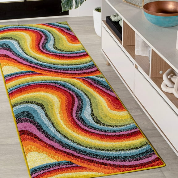 JONATHAN Y DAZZLE 2 x 8 Runner Rug, Flow Abstract Swirl - Red/Yellow/Blue, DZC100A-28
