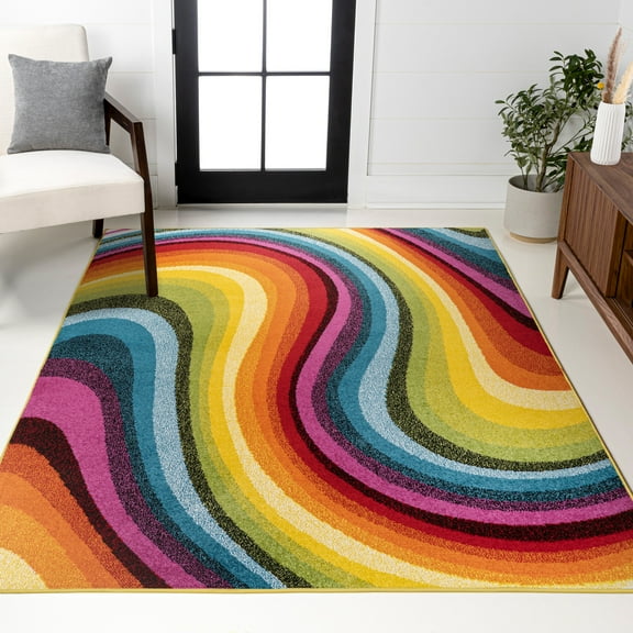 JONATHAN Y DAZZLE Flow Abstract Swirl Area Rug, 4 x 6, Red/Yellow/Blue