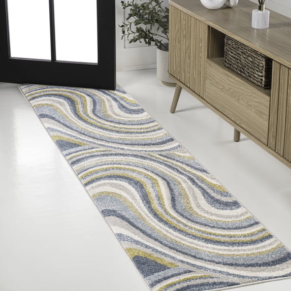 JONATHAN Y DAZZLE 2 x 8 Runner Rug, Flow Abstract Swirl - Blue/Mustard/Gray, DZC100C-28