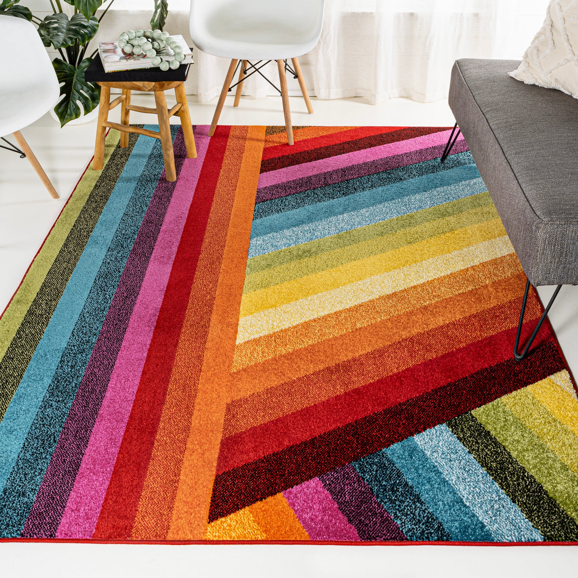 Retro Rainbow Multi-Color Synthetic Stripe Kids Area Rug 3' x 5'