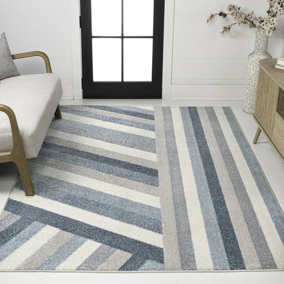 JONATHAN Y DAZZLE 8 x 10 Area Rug, Retro Rainbow Stripe - Blue/Cream/Gray, DZC102B-8
