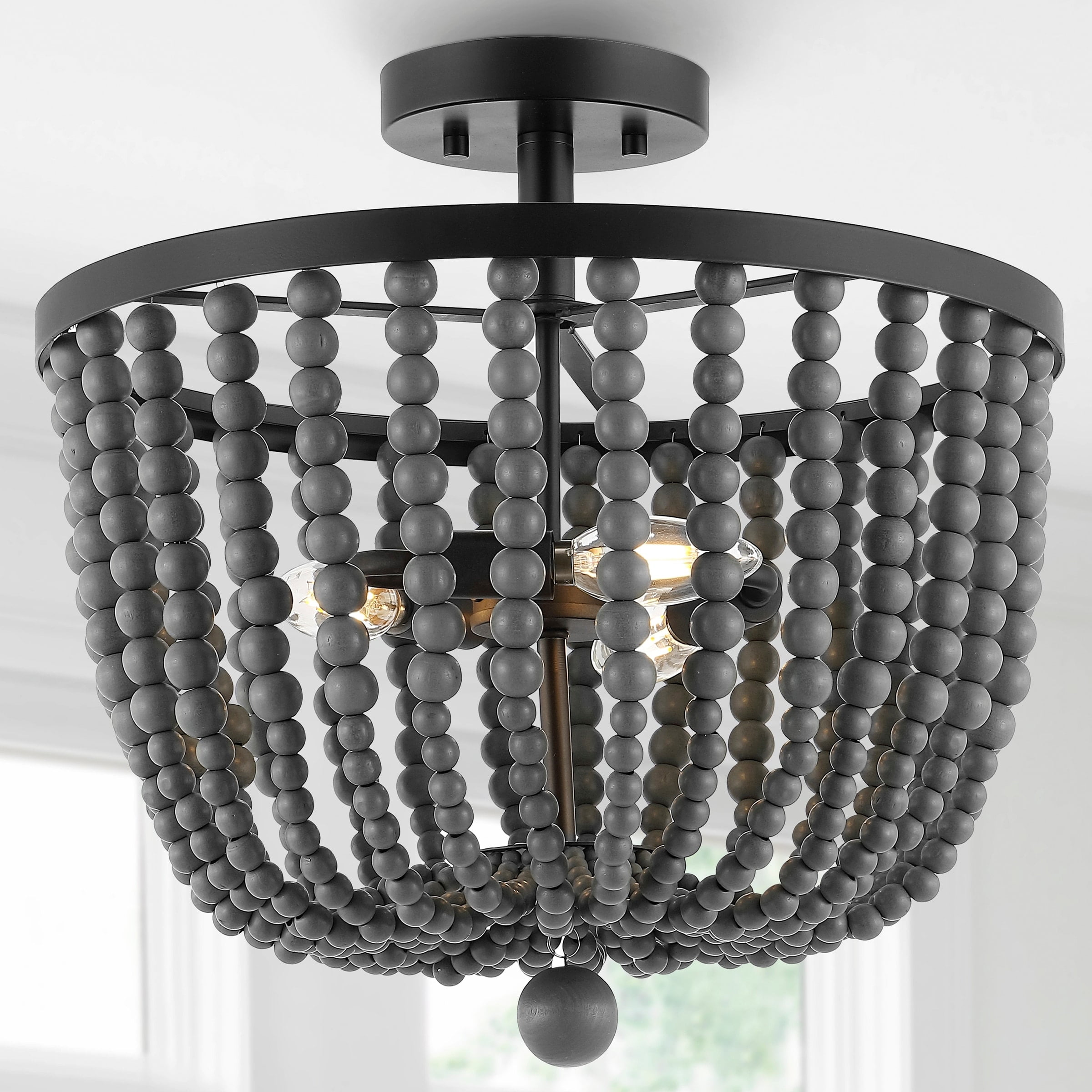 Gray Wood Bead 16" 3-Light Farmhouse LED Semi Flush Mount