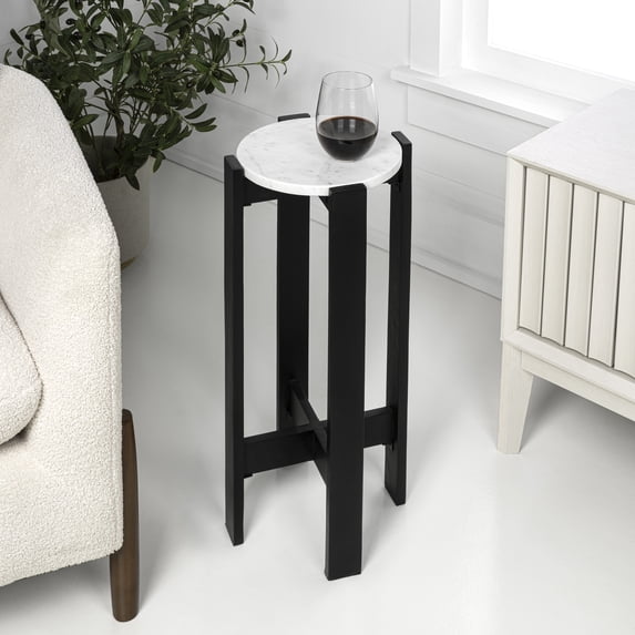 JONATHAN Y Elena 24" Minimalist Structured Wood Drink Table and Decorative End Table with White Marble Round Top, Black, END3003B