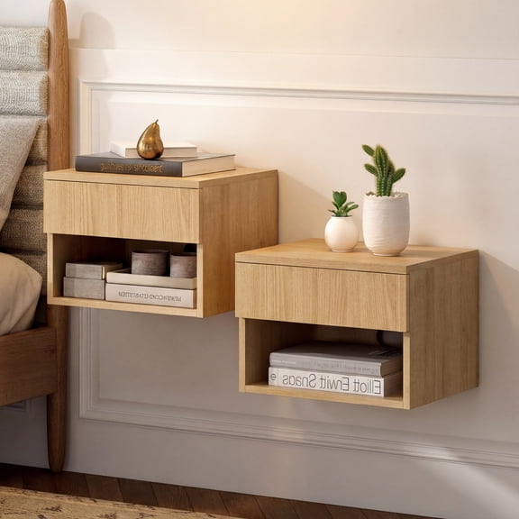 JONATHAN Y Ettore 15.71" Mid-Century Modern Floating Wall Mounted Nightstand with Soft-Close Drawer and Cable Hole, Light Oak (Set of 2), NST2002C-SET2