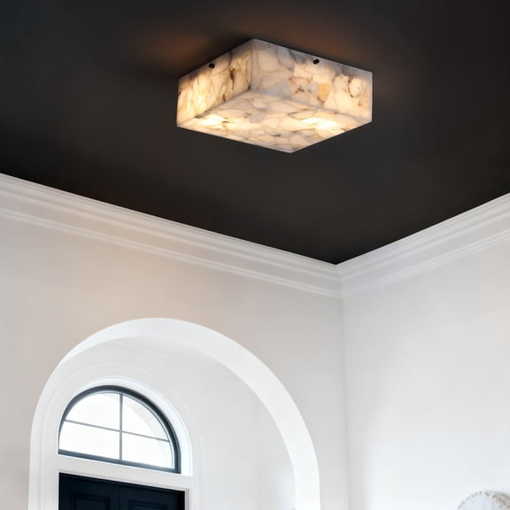 JONATHAN Y Giulia 13" 2-Light Modern Contemporary Alabaster/Iron Square LED Flush Mount, White Marbling/Black