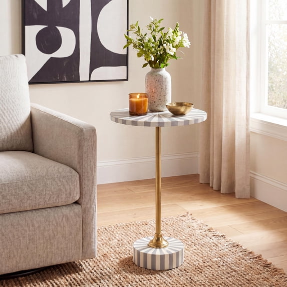 JONATHAN Y Gray, White and Gold Metal and Resin End Table, 14" x 23.5" Art Deco Glam Sunburst Round Pedestal Side Table for Living Room END1004B